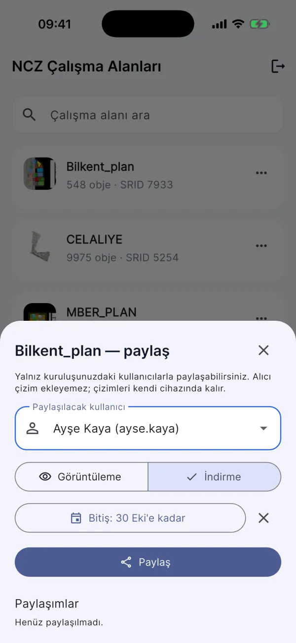 Paylaşım penceresi: kullanıcı, izin ve bitiş tarihi