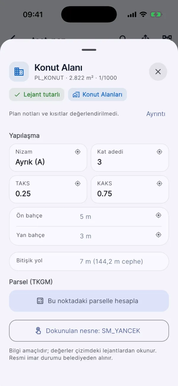 İmar planı alan kartı: konut alanı, nizam, kat adedi, TAKS, KAKS, bahçe mesafeleri